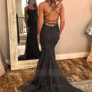 Stacees size 2, black spaghetti strap prom dress